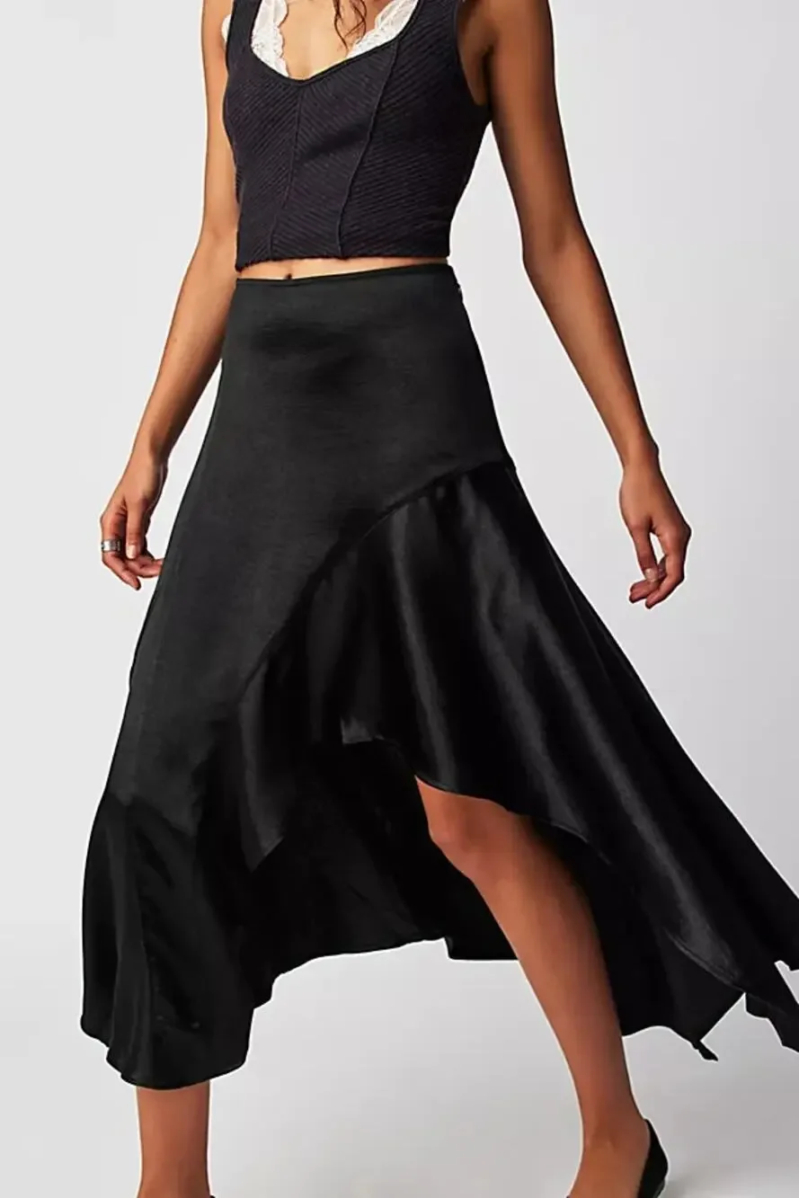Free People Sunrise Satin Mid-Rise Asymmetrical Midi Skirt Black Womens Size 14